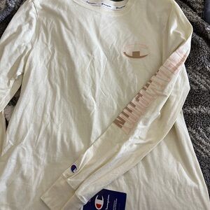 Champion Cream Long Sleeve Shirt with Navy Logo Trim